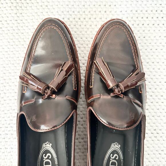 Tod's Two Tone Glossed Brown Black Almond Tassel Platform Creeper Loafers 41.5 - Picture 10 of 10
